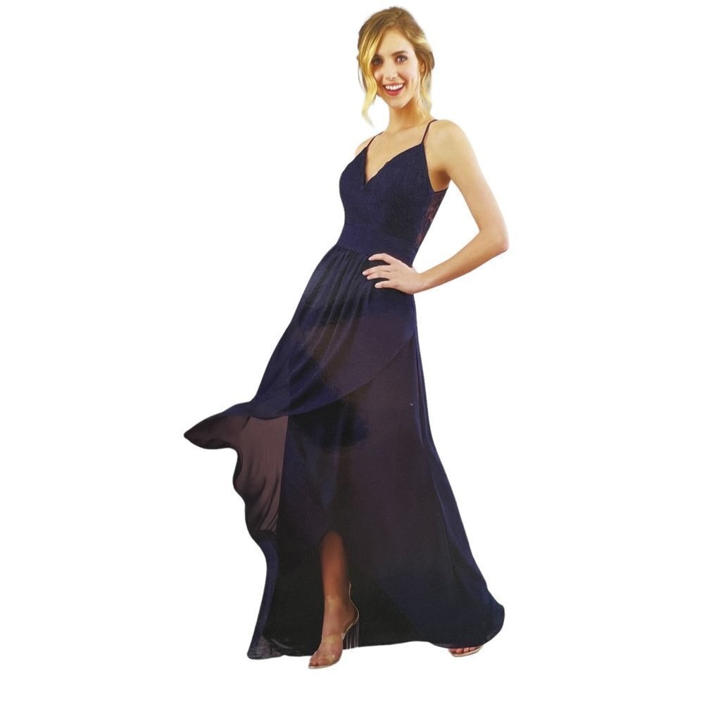 NWT Jasmine Lace/ Poly Chiffon Spaghetti Straps Navy Blue High/Low Gown